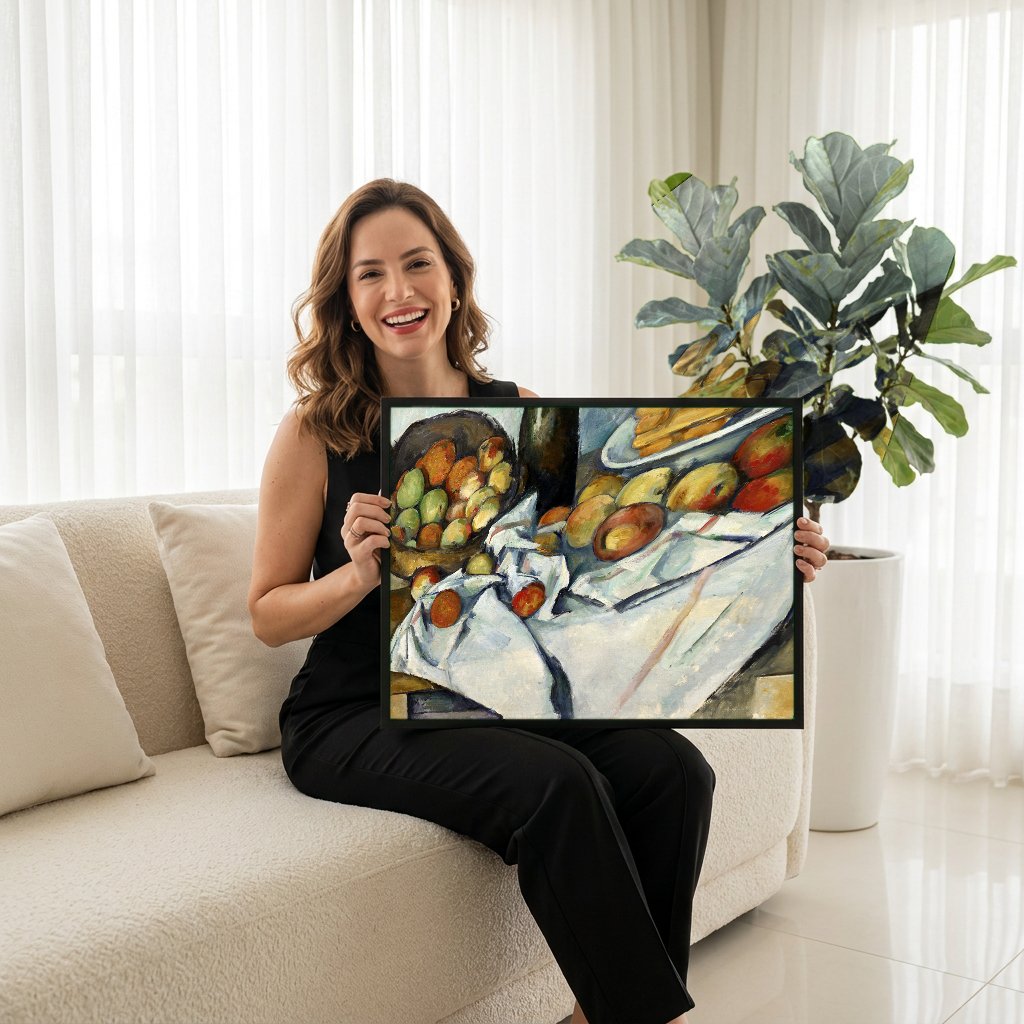 Quadro Decorativo Cesto de Maçãs e Biscoitos - Cézanne com modelo em ambiente