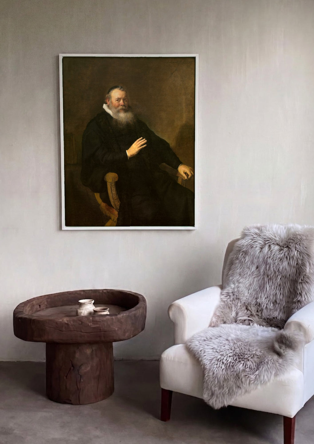 Quadro Decorativo Retrato de um Homem Sentado - Rembrandt em ambiente decorado