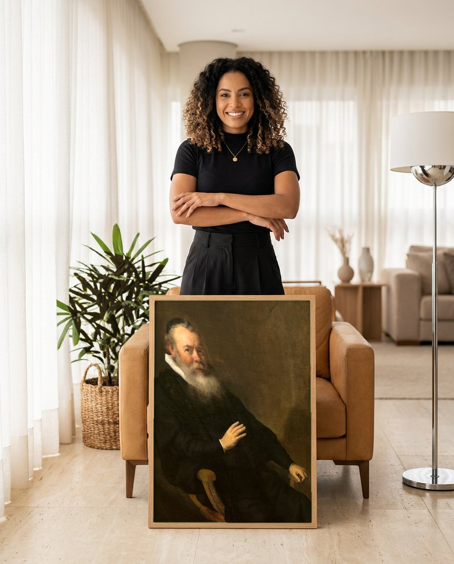 Quadro Decorativo Retrato de um Homem Sentado - Rembrandt com modelo em ambiente