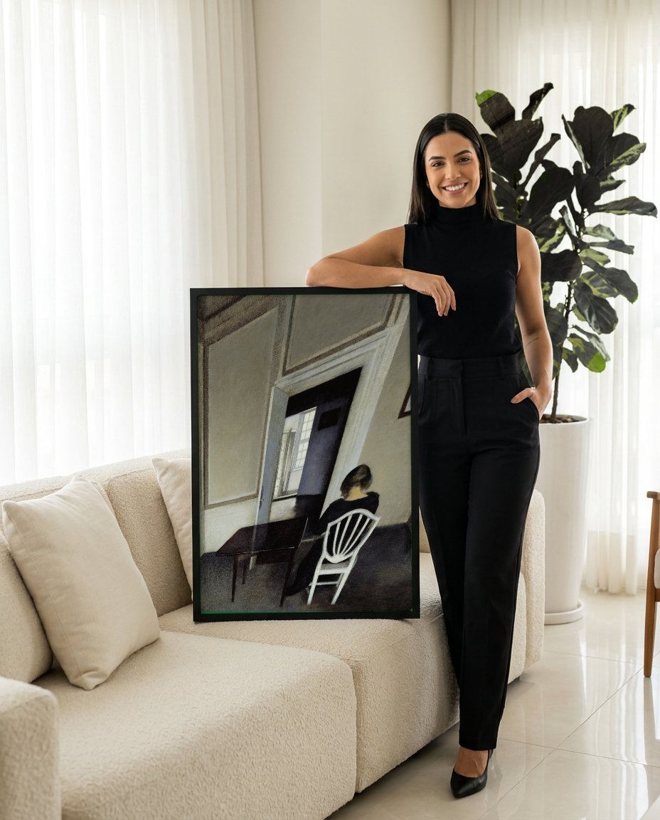 Quadro Decorativo Interior com Mulher Sentada - Hammershøi com modelo em ambiente