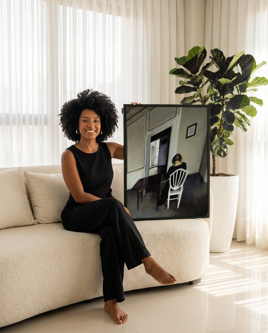 Quadro Decorativo Interior com Mulher Sentada - Hammershøi com modelo em ambiente
