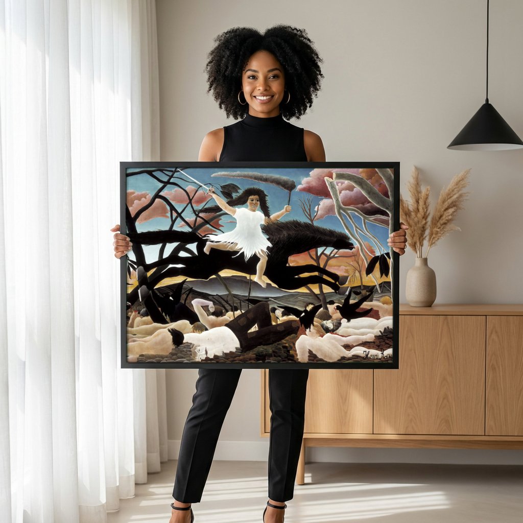Quadro Decorativo A Guerra - Henri Rousseau com modelo em ambiente