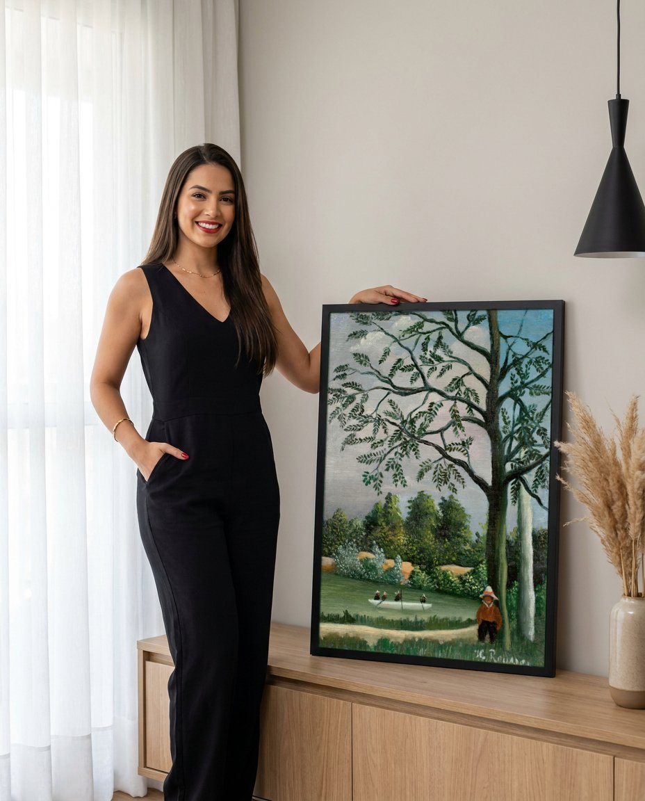 Quadro Decorativo A Remada - Henri Rousseau com modelo em ambiente