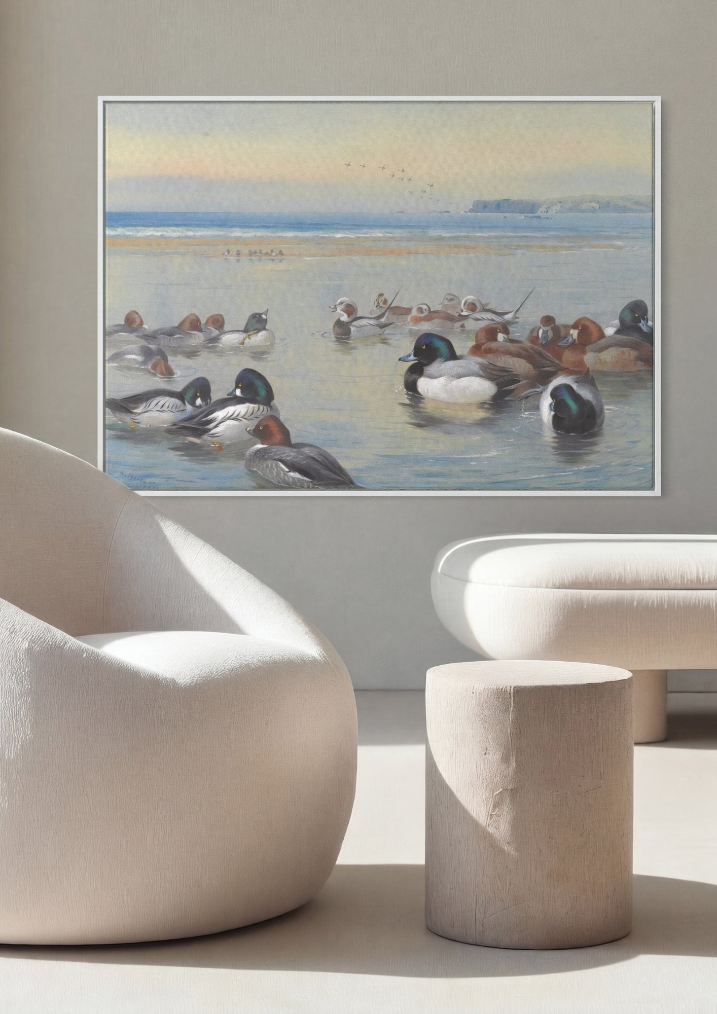 Quadro Decorativo Aves Marinhas na Enseada - Thorburn em ambiente decorado
