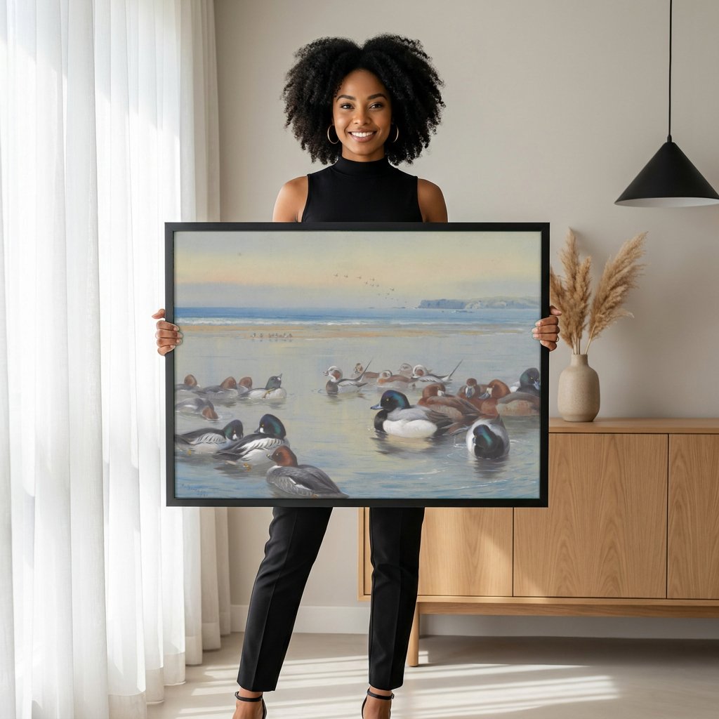Quadro Decorativo Aves Marinhas na Enseada - Thorburn com modelo em ambiente