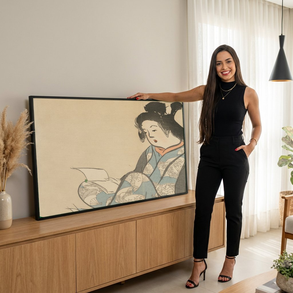 Quadro Decorativo A Leitora - Kamisaka Sekka com modelo em ambiente