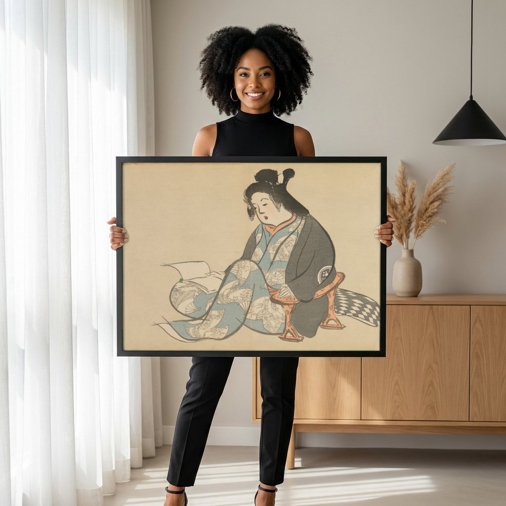 Quadro Decorativo A Leitora - Kamisaka Sekka com modelo em ambiente