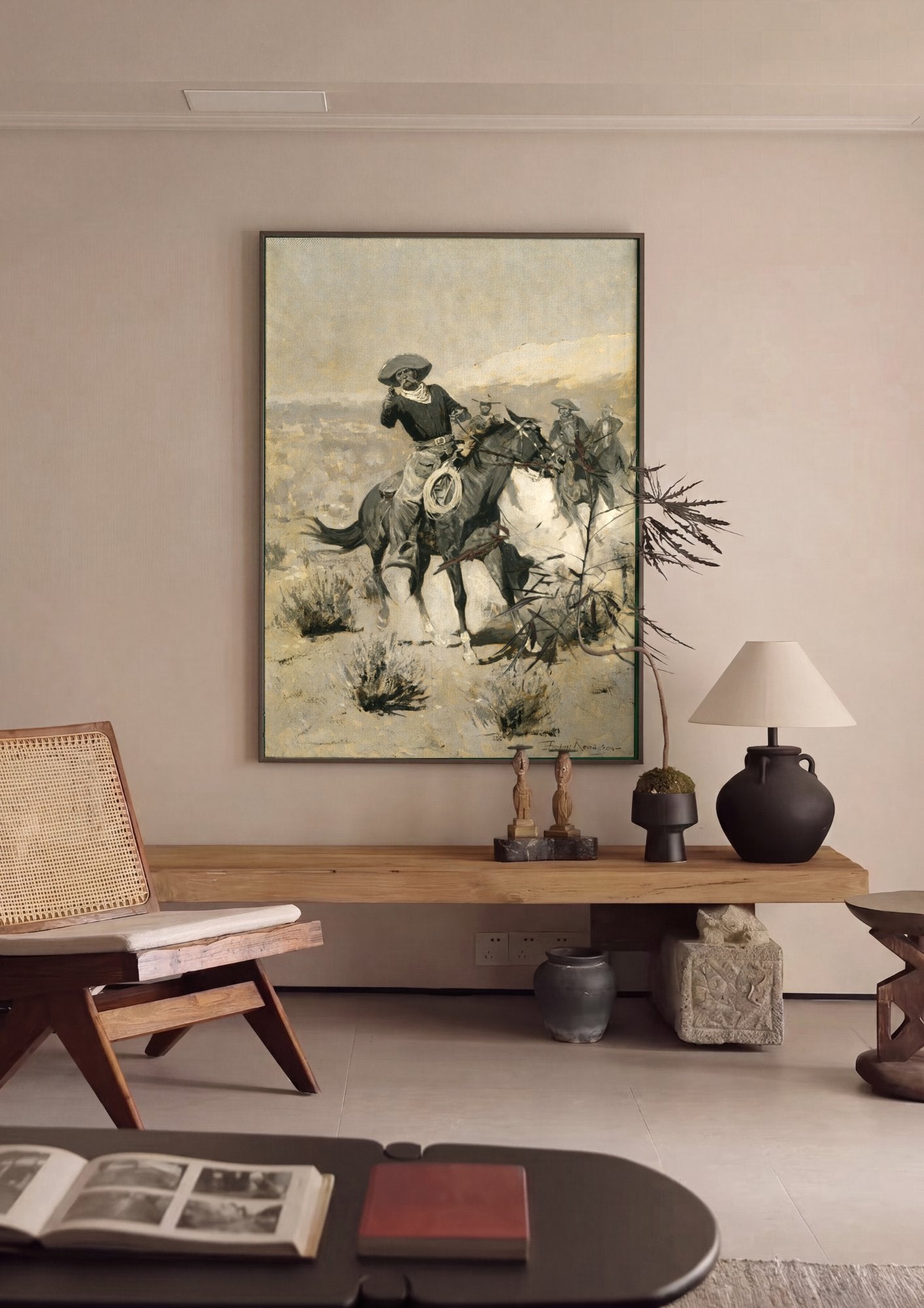 Quadro Decorativo Vaqueiros no Oeste Selvagem - Frederic Remington em ambiente decorado