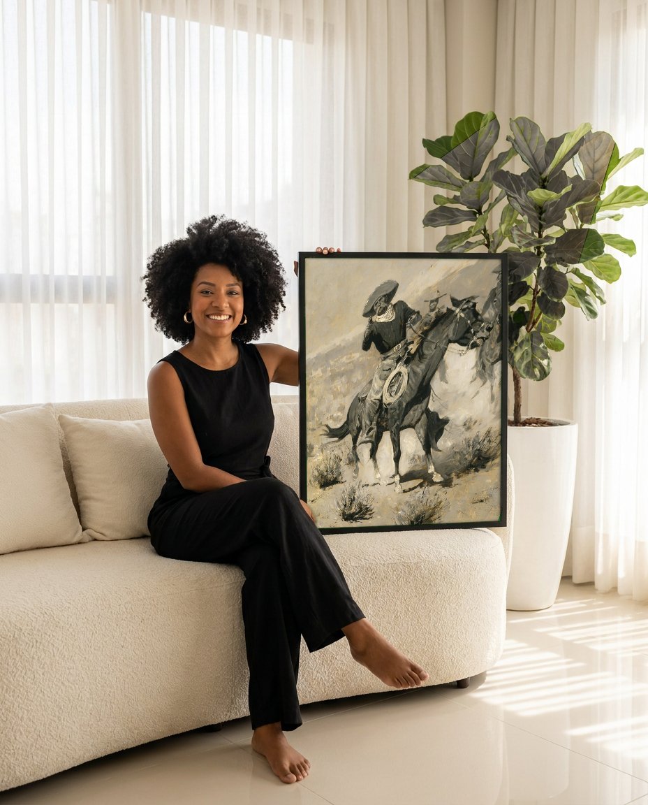 Quadro Decorativo Vaqueiros no Oeste Selvagem - Frederic Remington com modelo em ambiente