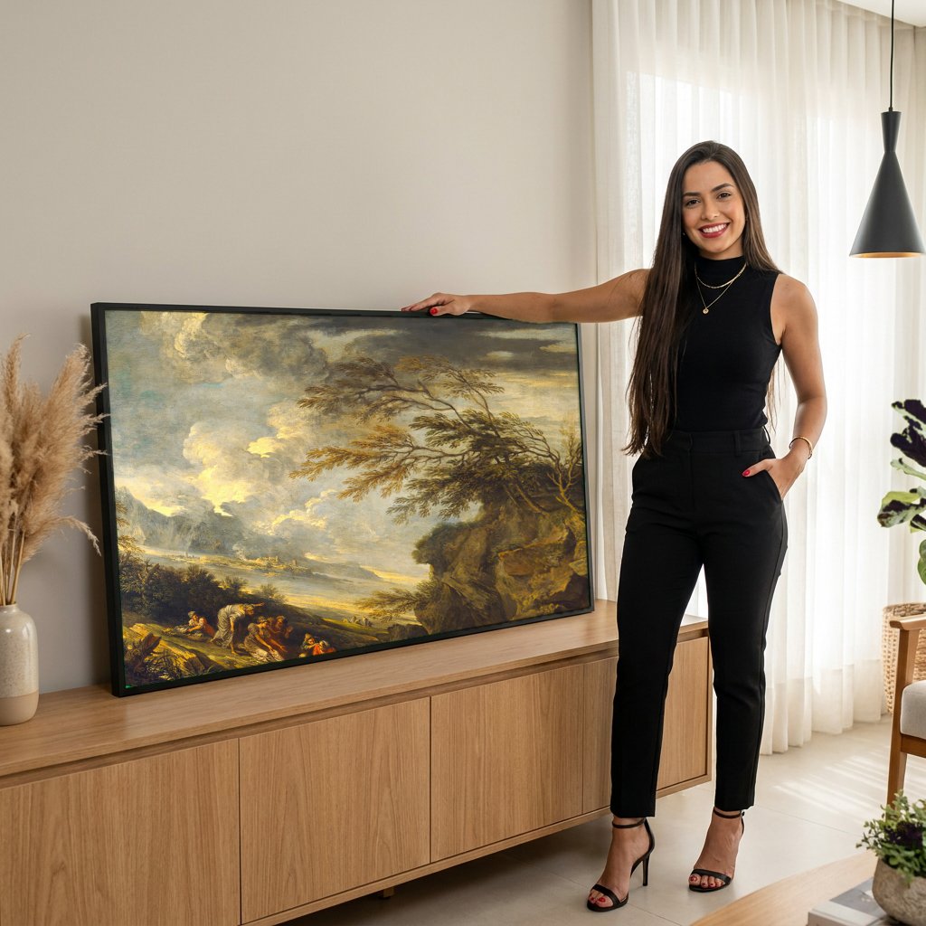 Quadro Decorativo A Descoberta de Moisés - Salvator Rosa com modelo em ambiente