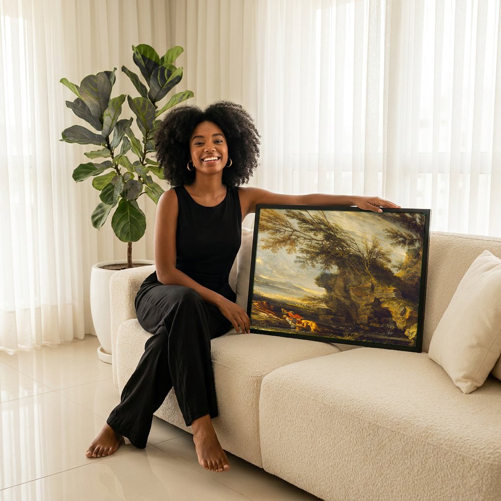 Quadro Decorativo A Descoberta de Moisés - Salvator Rosa com modelo em ambiente