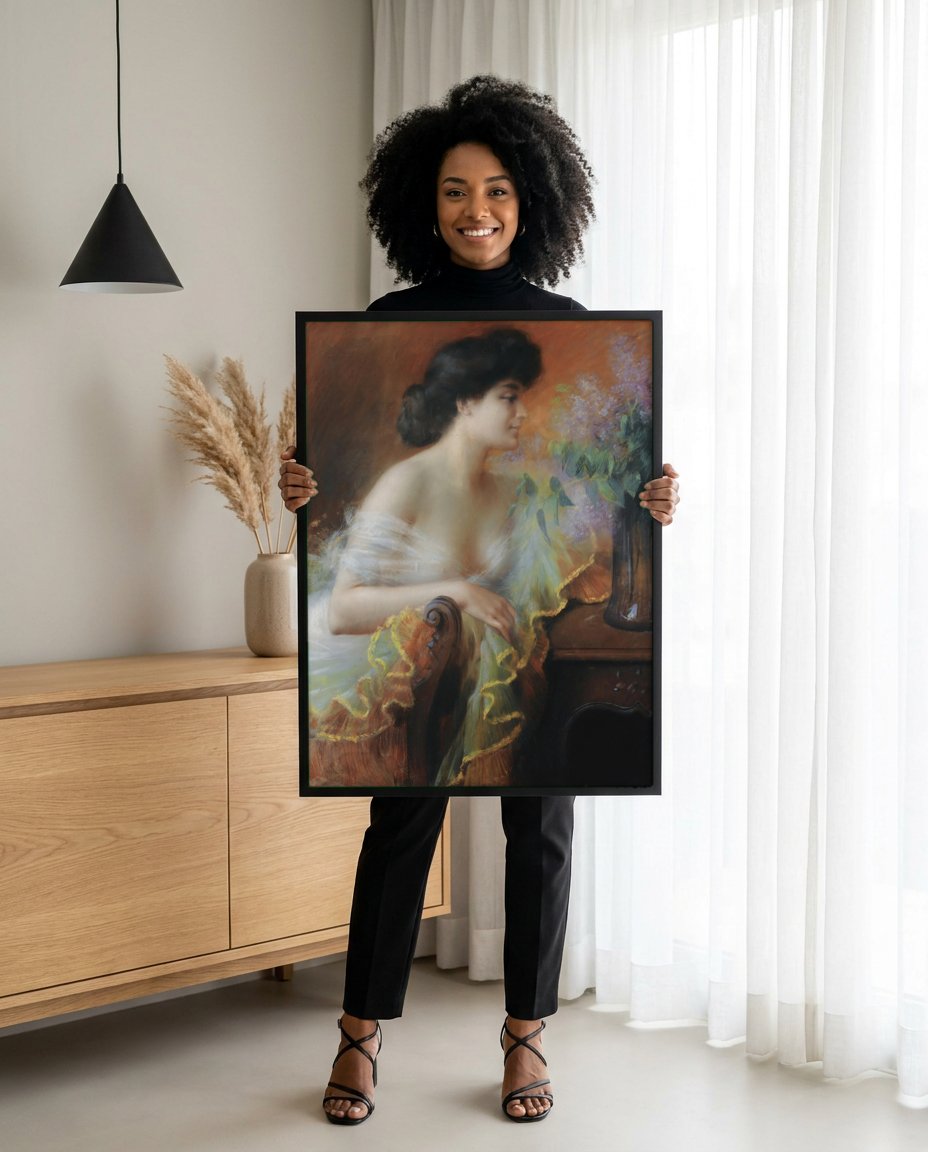 Quadro Decorativo A Mulher e os Lilases - Delphin Enjolras com modelo em ambiente