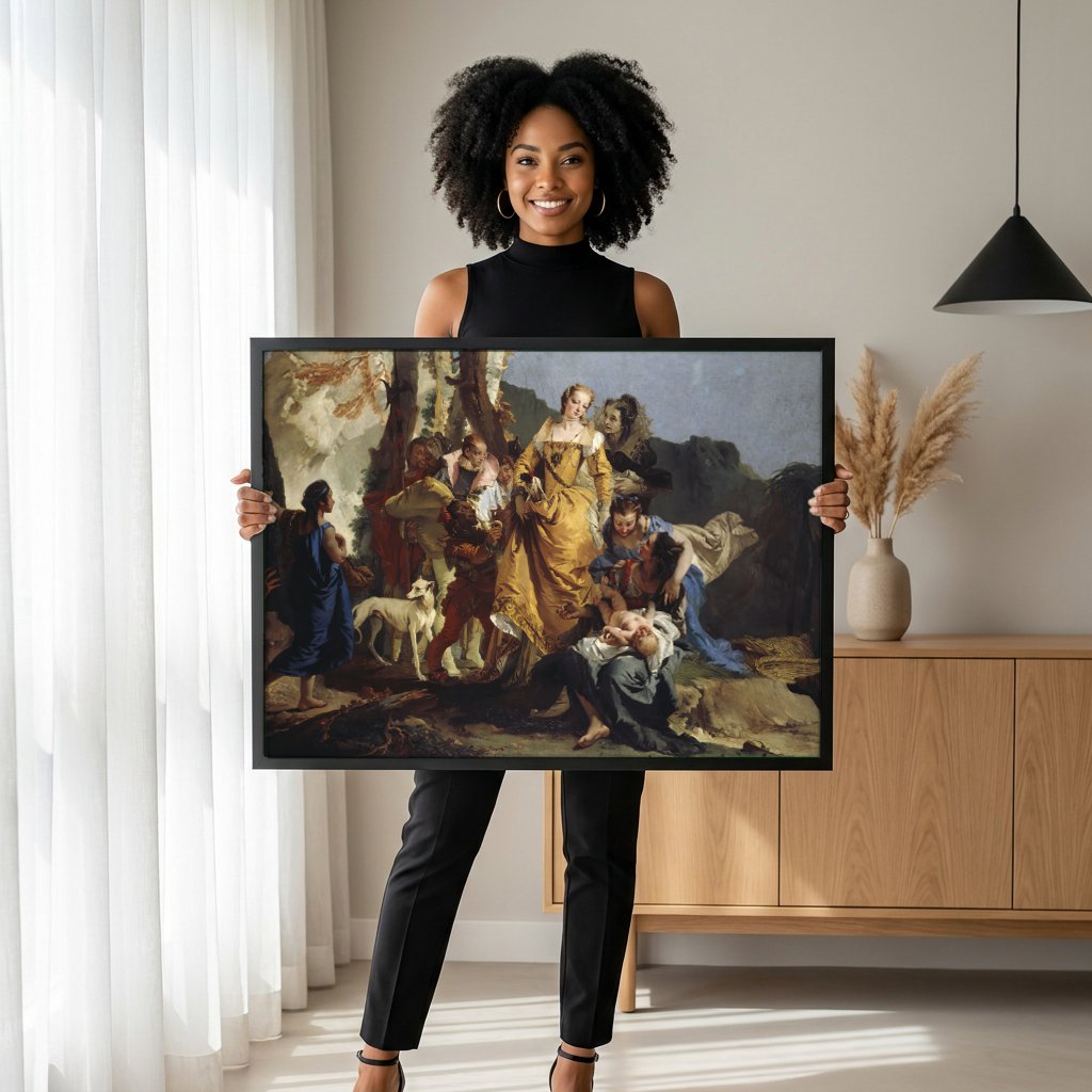 Quadro Decorativo A Descoberta de Moises - Tiepolo com modelo em ambiente