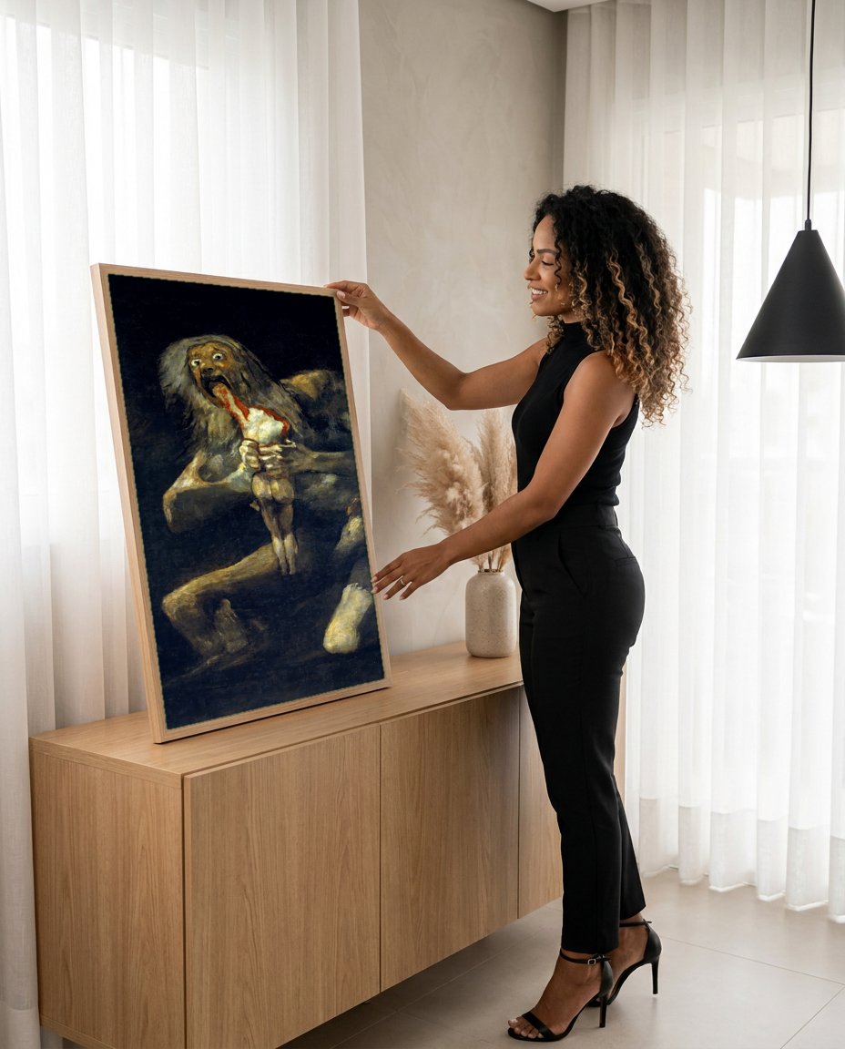 Quadro Decorativo Saturno Devorando Seu Filho - Goya com modelo em ambiente