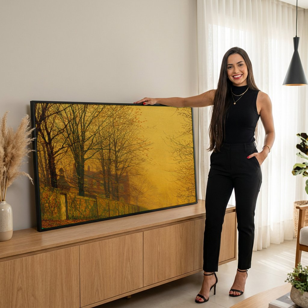 Quadro Decorativo 'Outono Dourado' - Grimshaw com modelo em ambiente