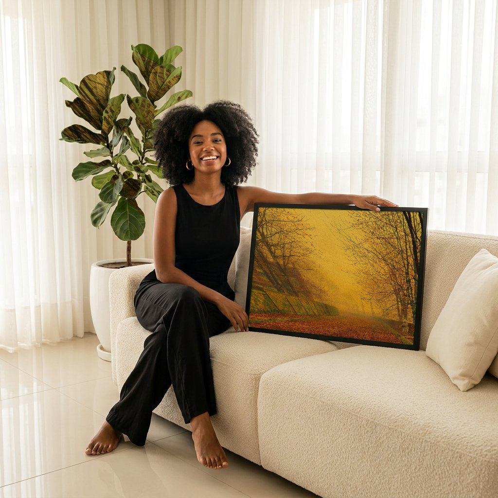 Quadro Decorativo 'Outono Dourado' - Grimshaw com modelo em ambiente