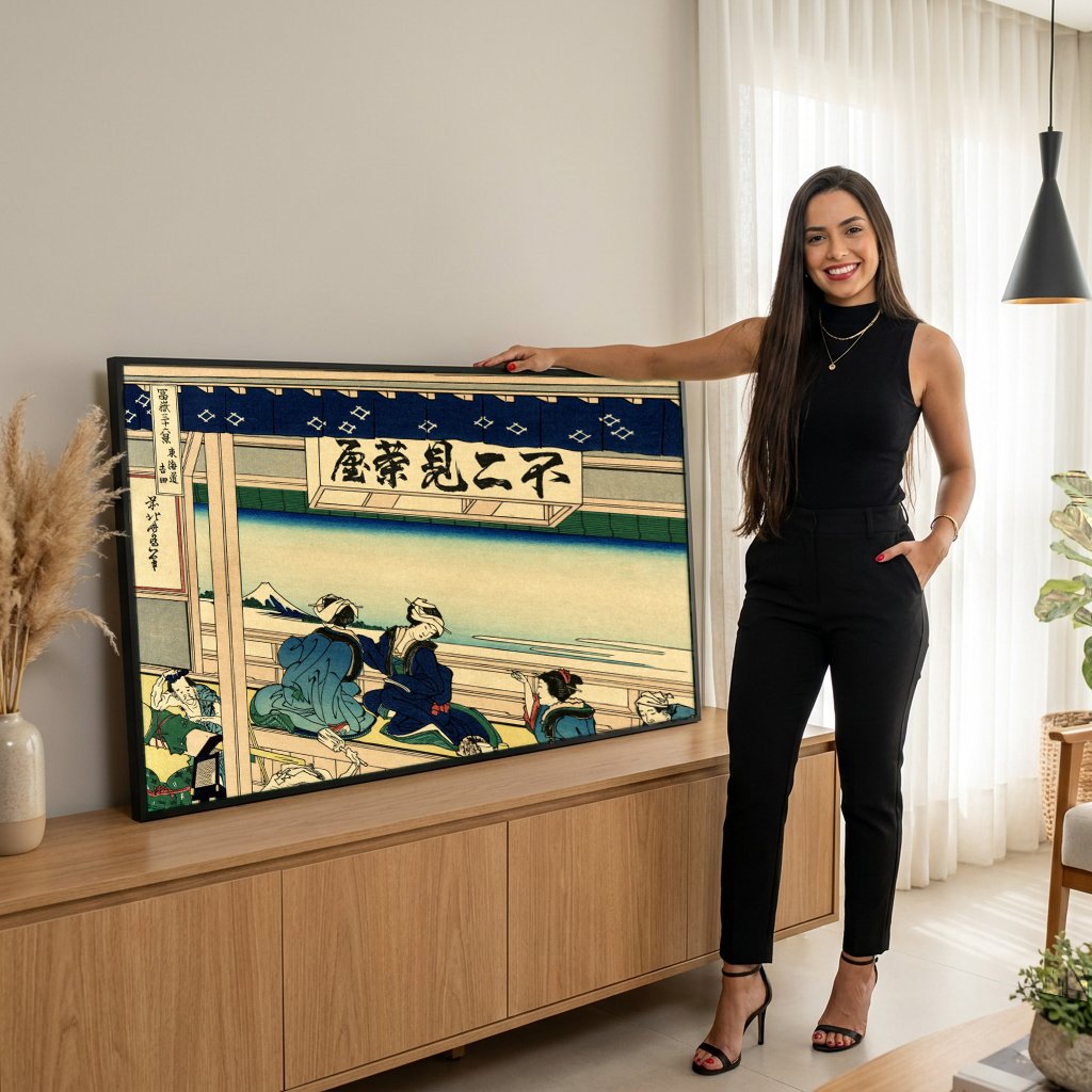 Quadro Decorativo A Casa de Chá de Yoshida - Hokusai com modelo em ambiente