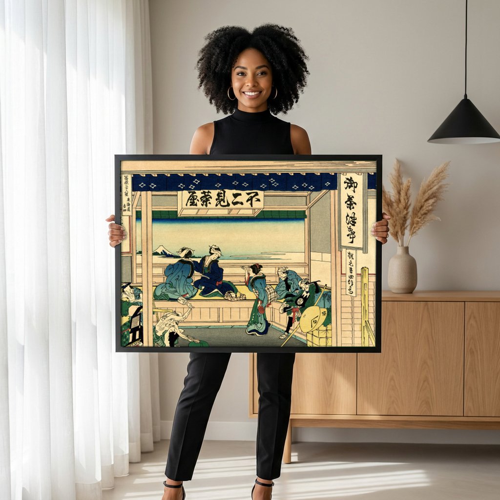 Quadro Decorativo A Casa de Chá de Yoshida - Hokusai com modelo em ambiente