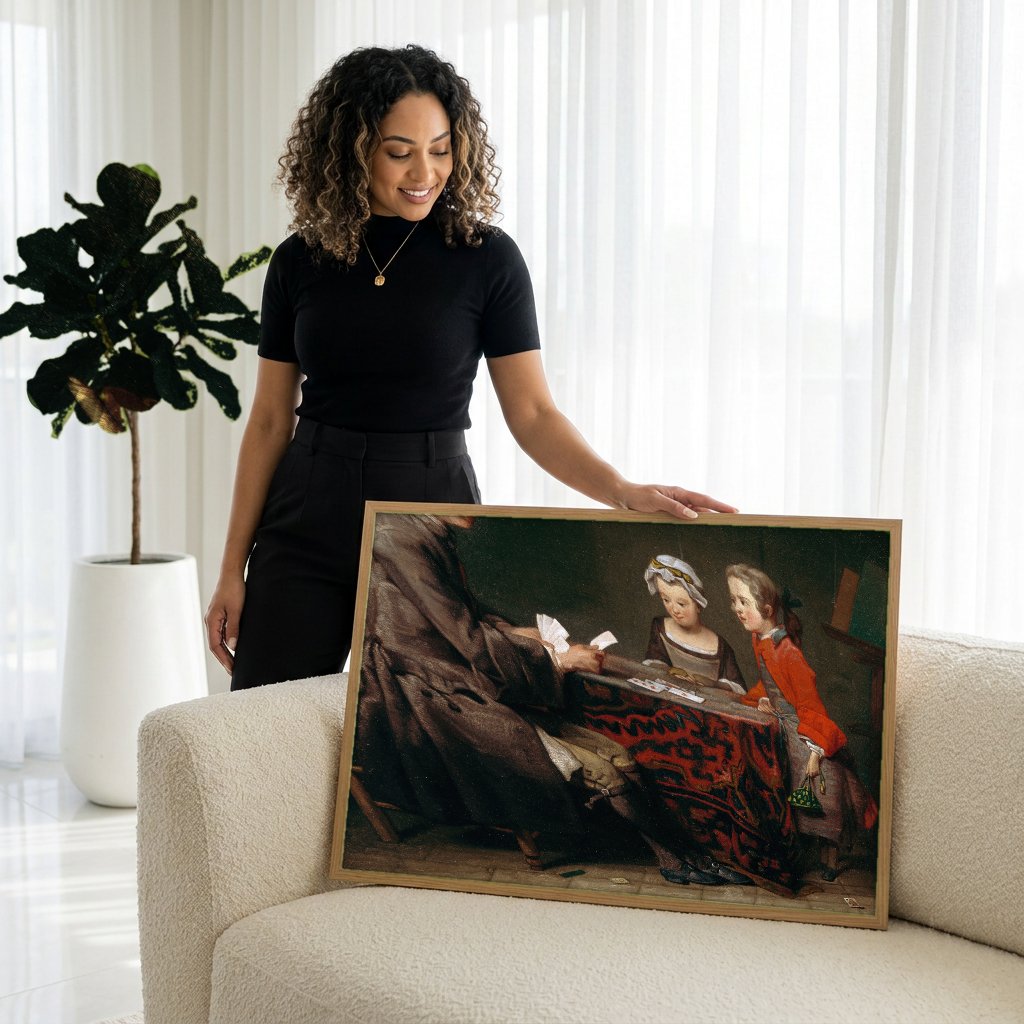 Quadro Decorativo A Mesa de Jogo - Jean Siméon Chardin com modelo em ambiente