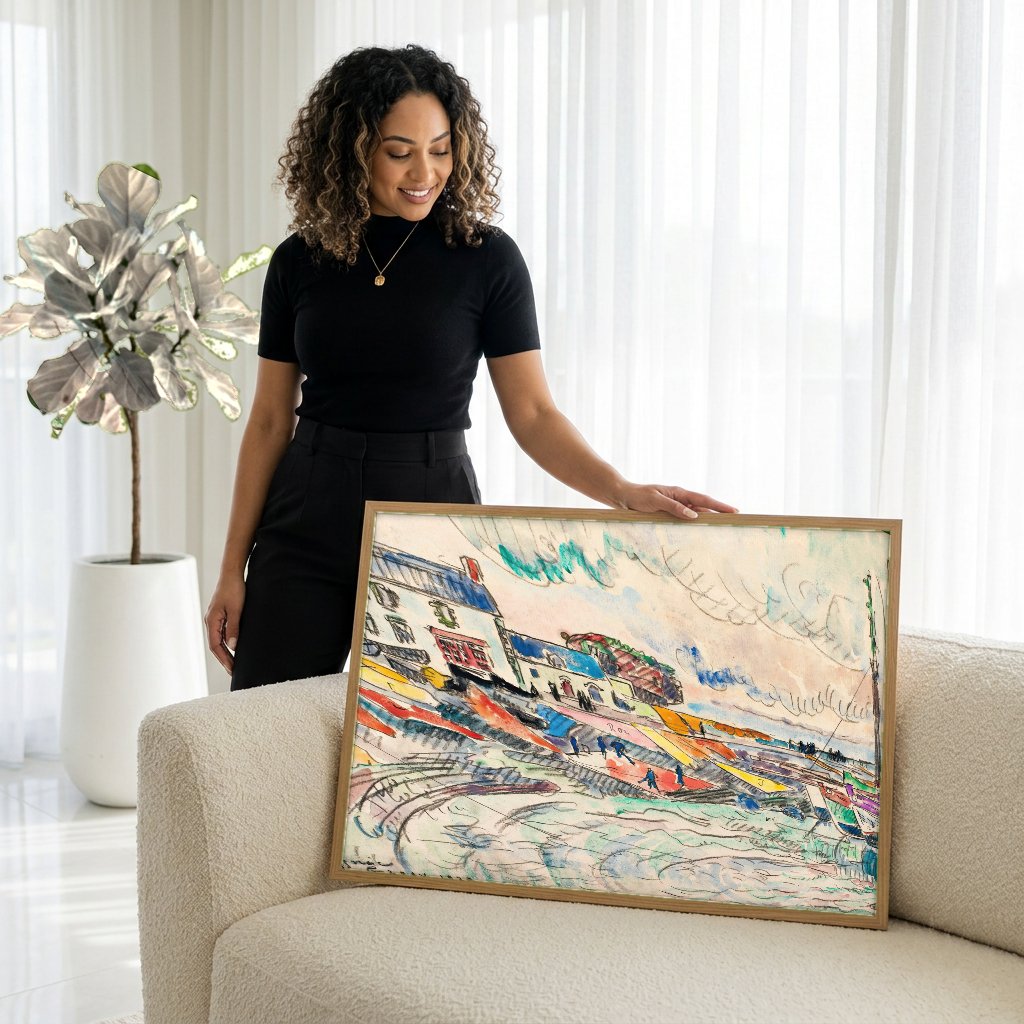 Quadro Decorativo Porto Vibrante - Paul Signac com modelo em ambiente