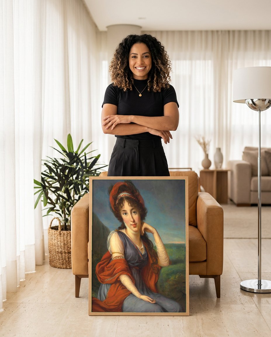 Quadro Decorativo Lady Hamilton como Sibila - Vigée Le Brun com modelo em ambiente