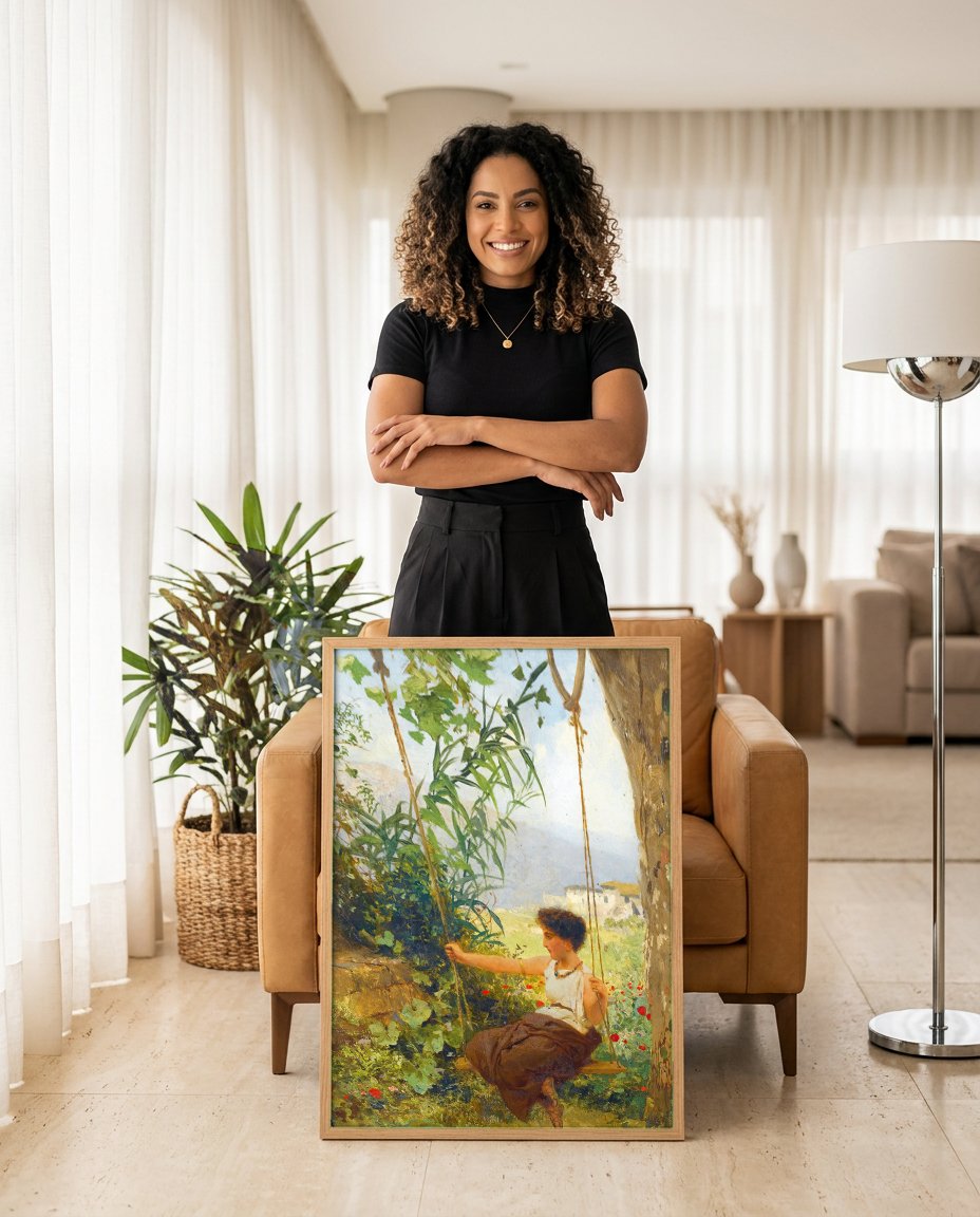 Quadro Decorativo A Jovem no Balanco - Siemiradzki com modelo em ambiente