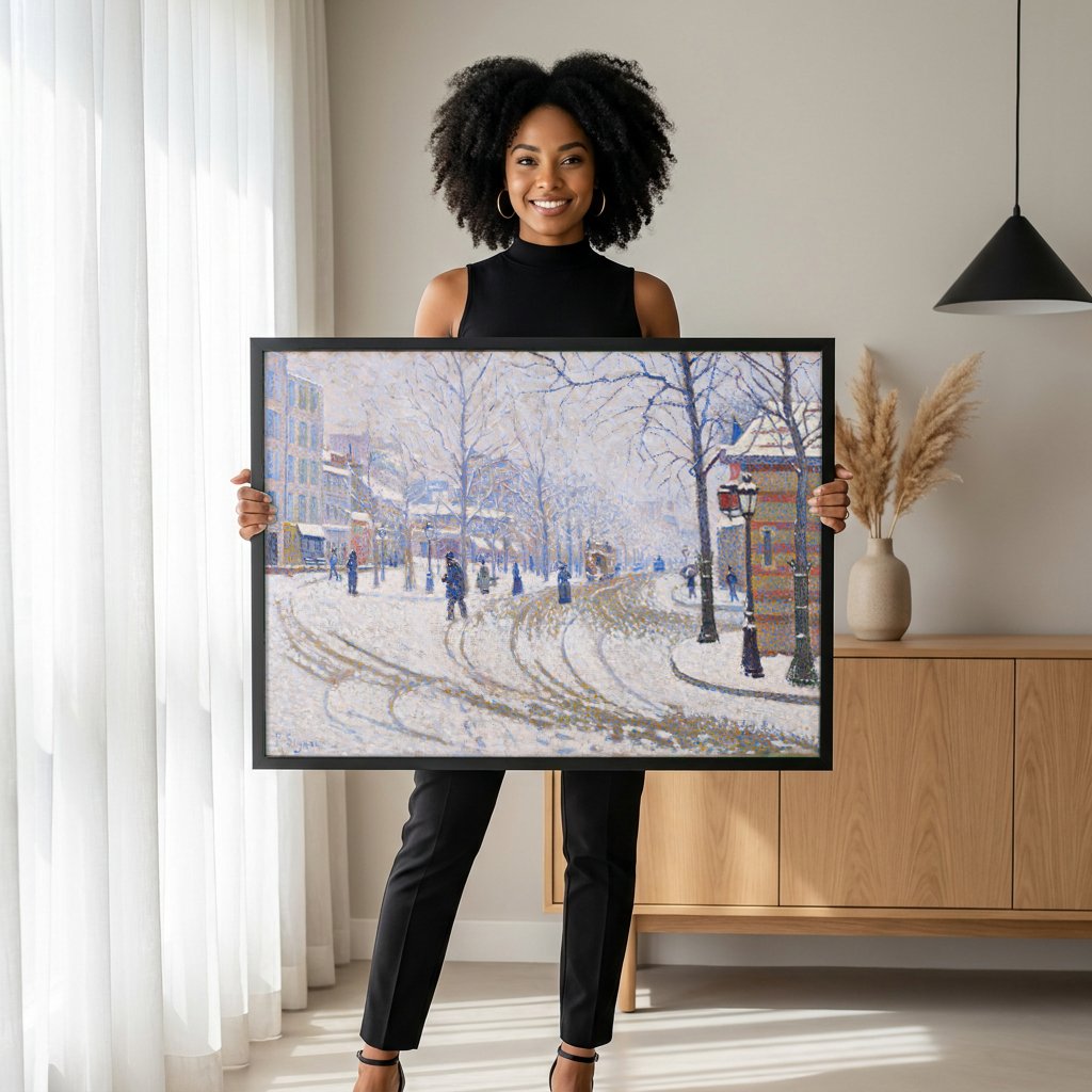 Quadro Decorativo Neve em Paris - Paul Signac com modelo em ambiente