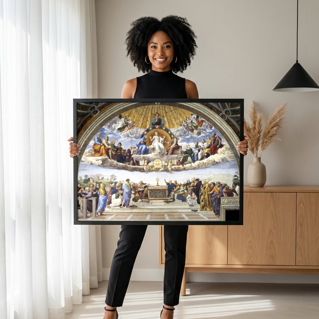 Quadro Decorativo A Disputa do Santíssimo Sacramento - Rafael com modelo em ambiente