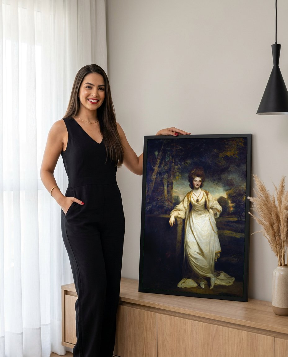 Quadro Decorativo Senhora em Branco - Sir Joshua Reynolds com modelo em ambiente