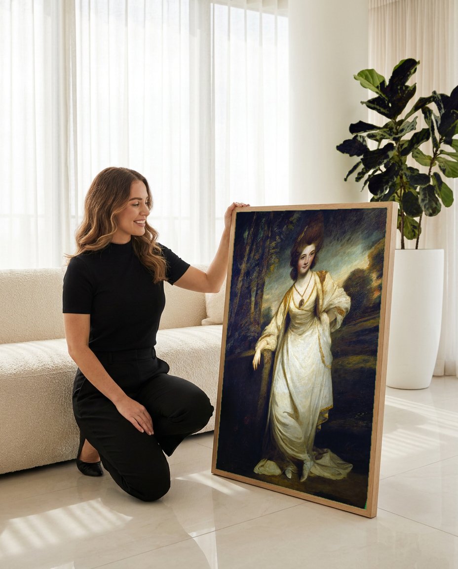 Quadro Decorativo Senhora em Branco - Sir Joshua Reynolds com modelo em ambiente