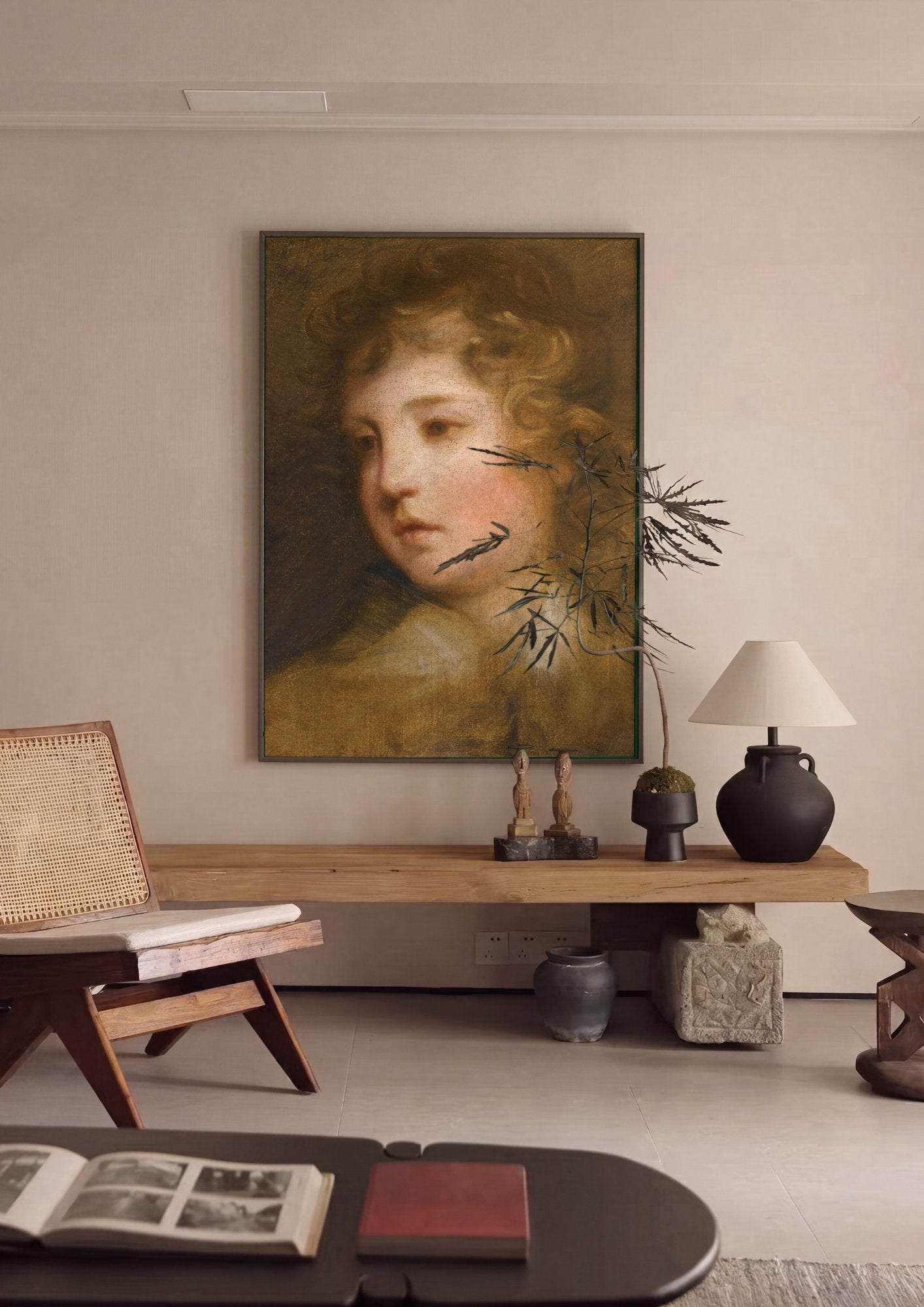 Quadro Decorativo 'Cabeça de Querubim' - Sir Joshua Reynolds em ambiente decorado