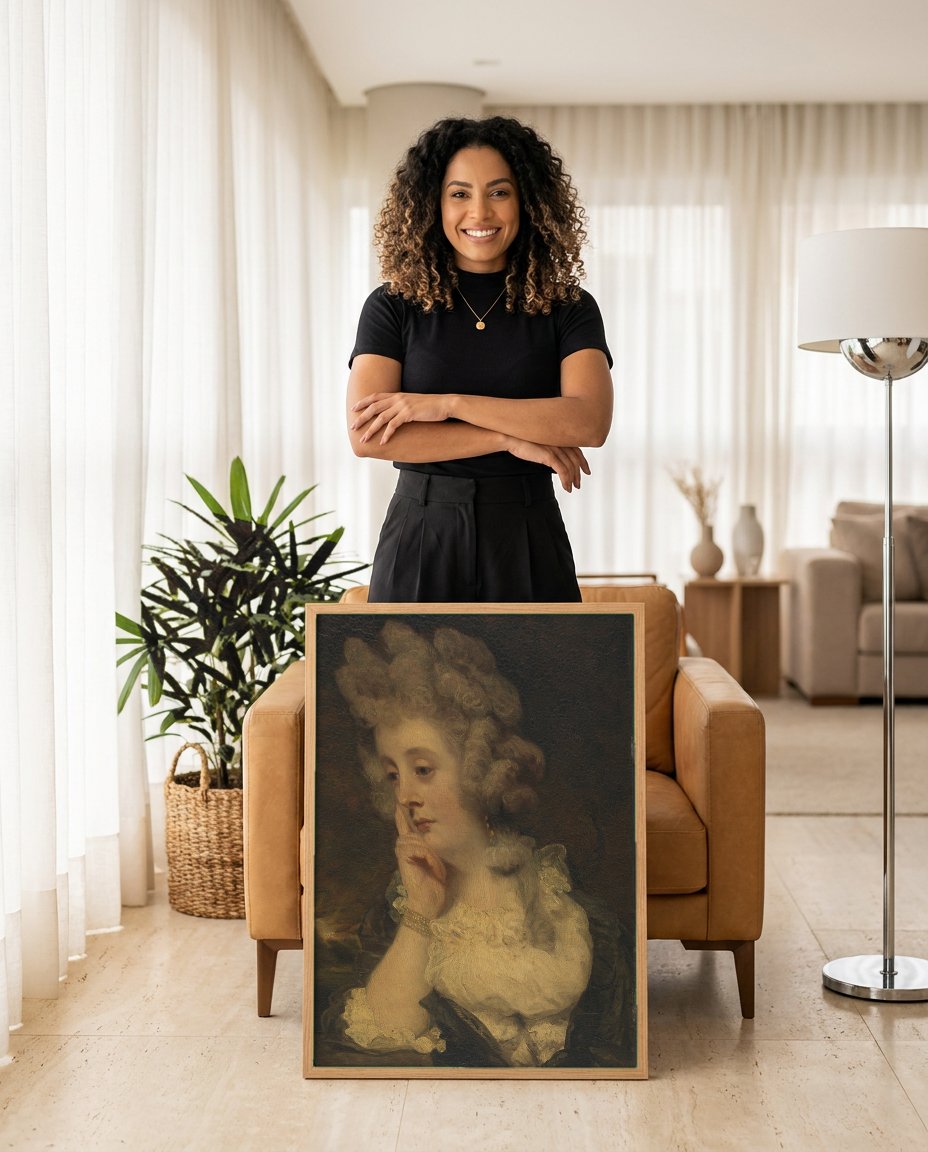 Quadro Decorativo Senhora Reflexiva - Sir Joshua Reynolds com modelo em ambiente