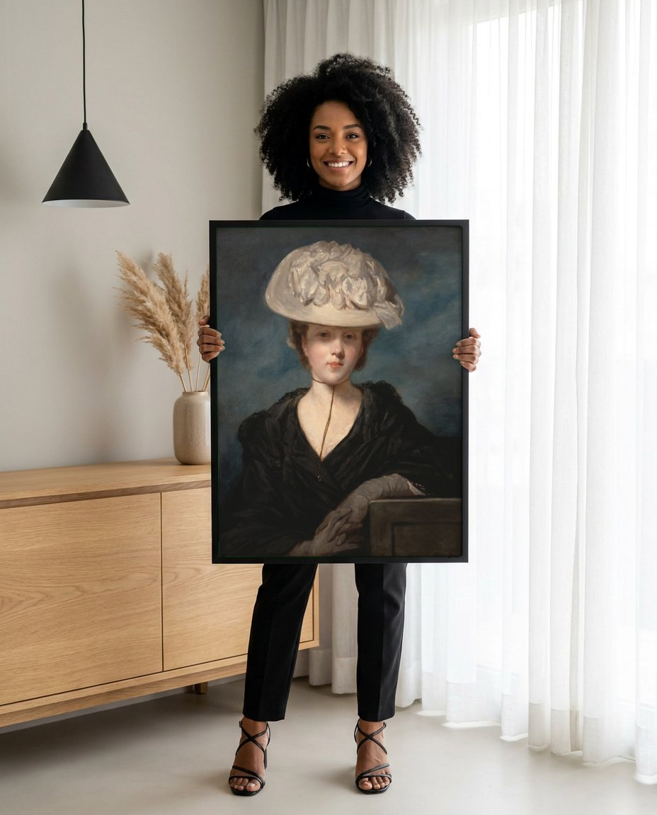 Quadro Decorativo Senhora com Chapéu - Sir Joshua Reynolds com modelo em ambiente