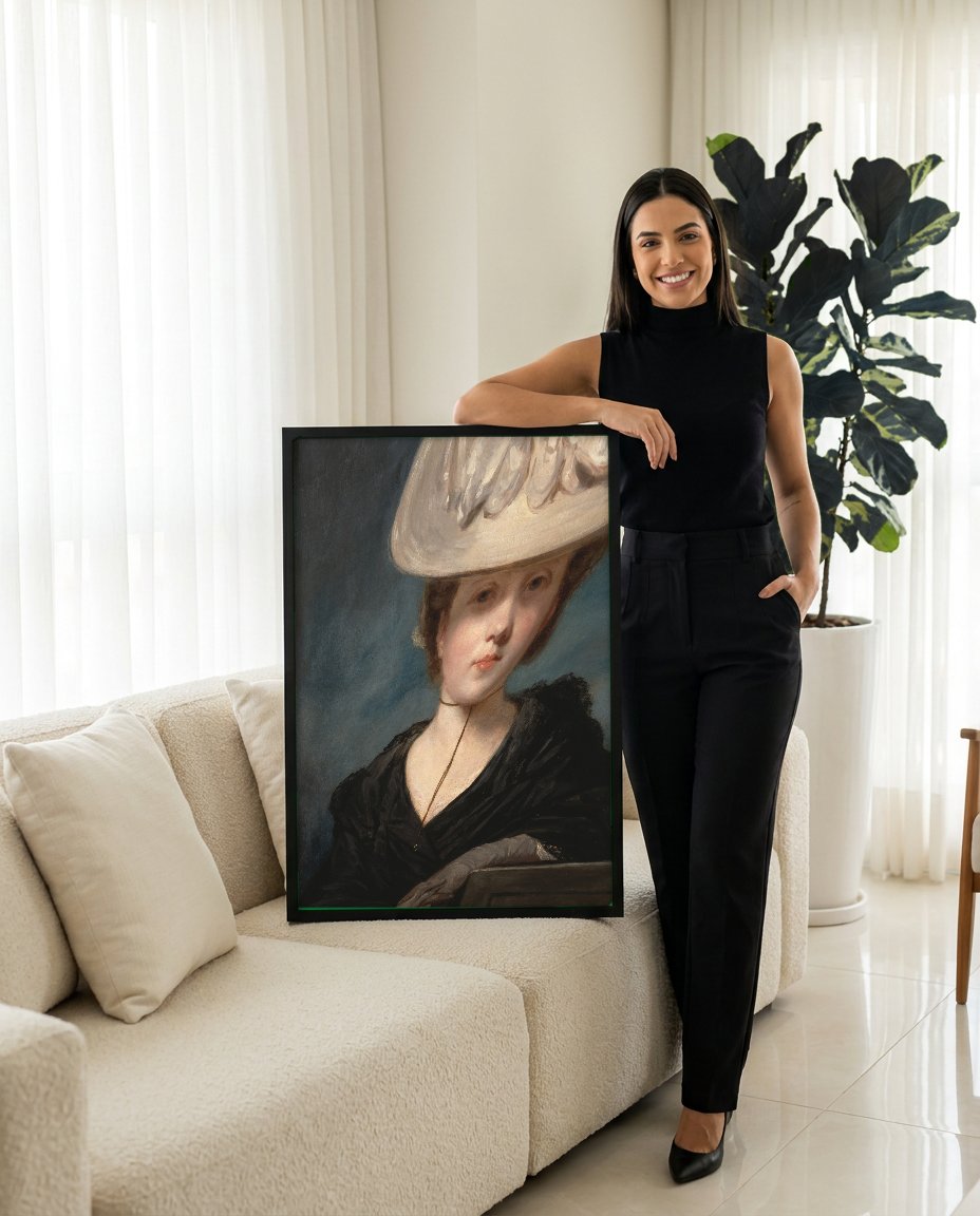 Quadro Decorativo Senhora com Chapéu - Sir Joshua Reynolds com modelo em ambiente