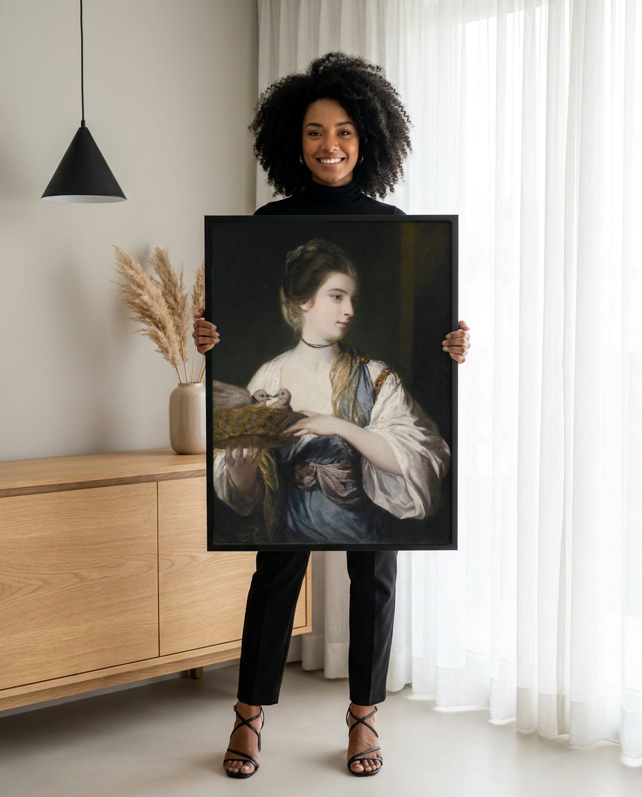 Quadro Decorativo A Dama com Pombos - Sir Joshua Reynolds com modelo em ambiente