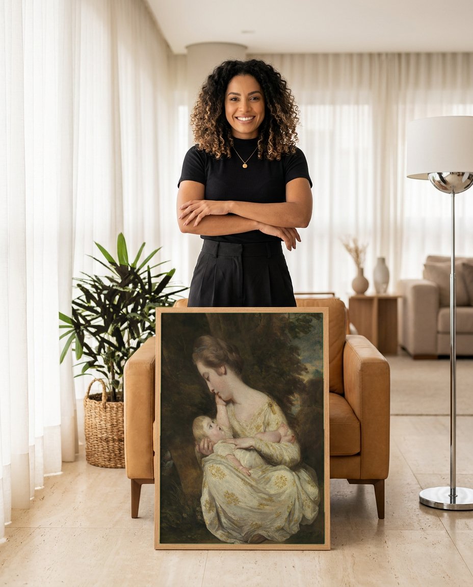 Quadro Decorativo Maternidade Serena - Sir Joshua Reynolds com modelo em ambiente