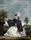 Retrato de Lady Caroline Howard por Sir Joshua Reynolds, mostrando uma menina de vestido branco e casaco preto, com chapéu de renda, tocando rosas em um vaso num jardim. Céu dramático ao fundo.