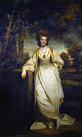 Retrato de uma senhora em vestido branco com xale dourado, posando em um jardim arborizado, atribuído a Sir Joshua Reynolds.