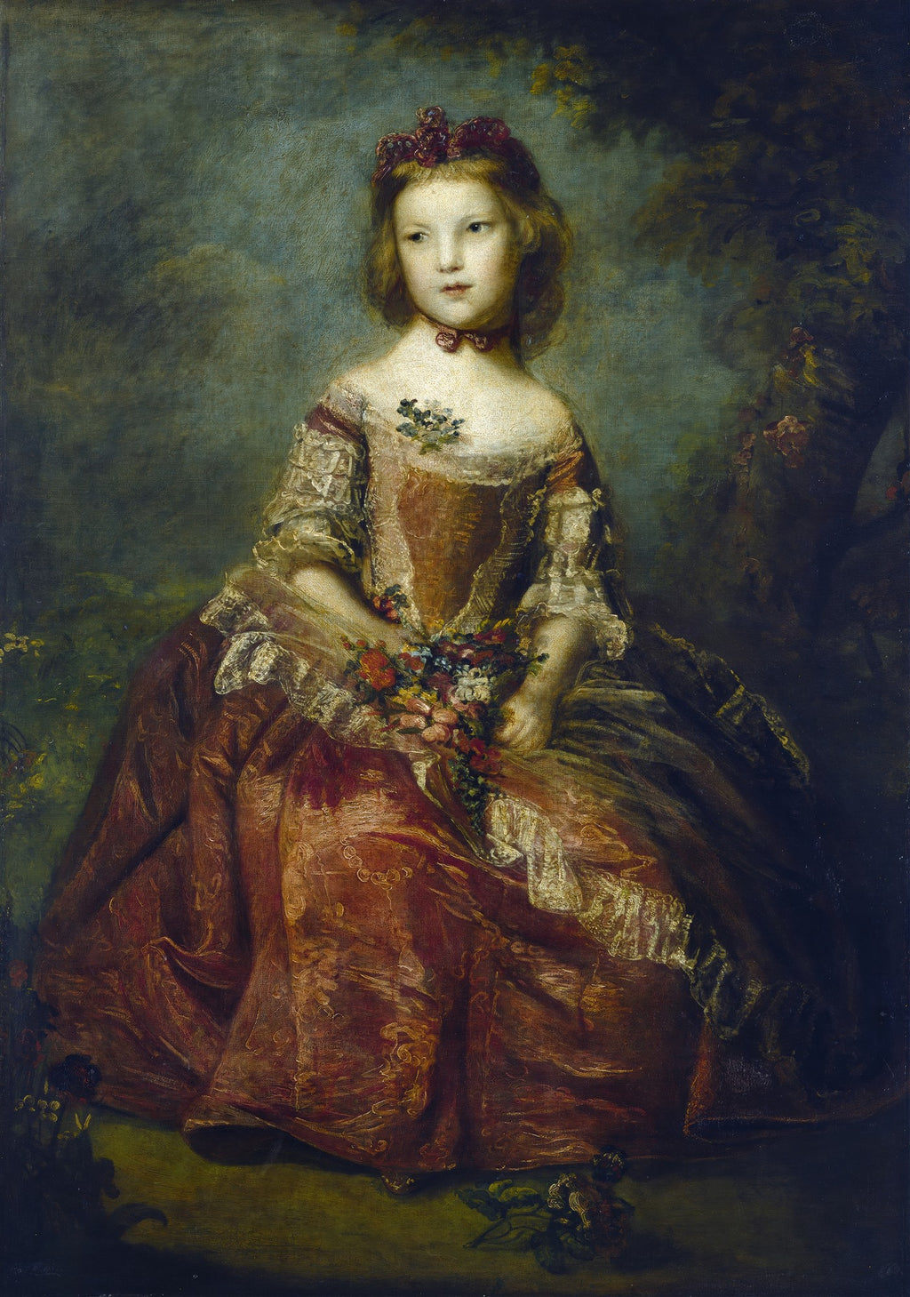 Quadro decorativo com retrato de Lady Caroline Scott, uma menina de cabelos claros vestindo um vestido rosa e branco com rendas, segurando um buquê de flores, sentada em um cenário campestre com folhagem escura ao fundo. A obra é atribuída a Sir Joshua Reynolds.
