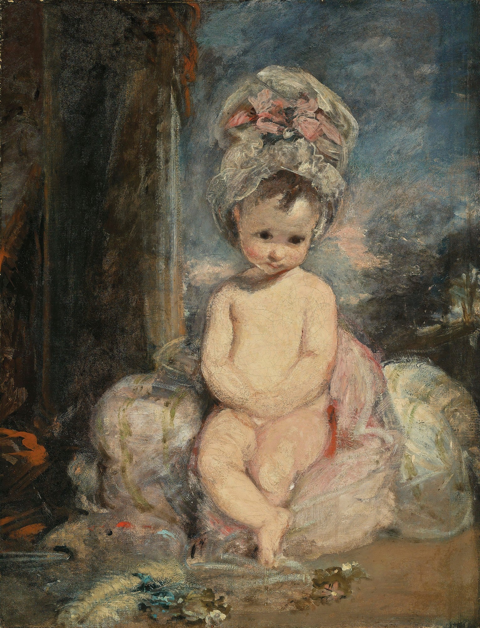 Retrato de uma criança com touca de renda branca e rosa, de Sir Joshua Reynolds, em tons suaves de azul, marrom e rosa, com pinceladas visíveis, criando um ar etéreo e inocente.