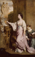 Quadro decorativo mostrando uma mulher em vestes clássicas ofertando a um braseiro, com as Três Graças ao fundo, pintado por Sir Joshua Reynolds.