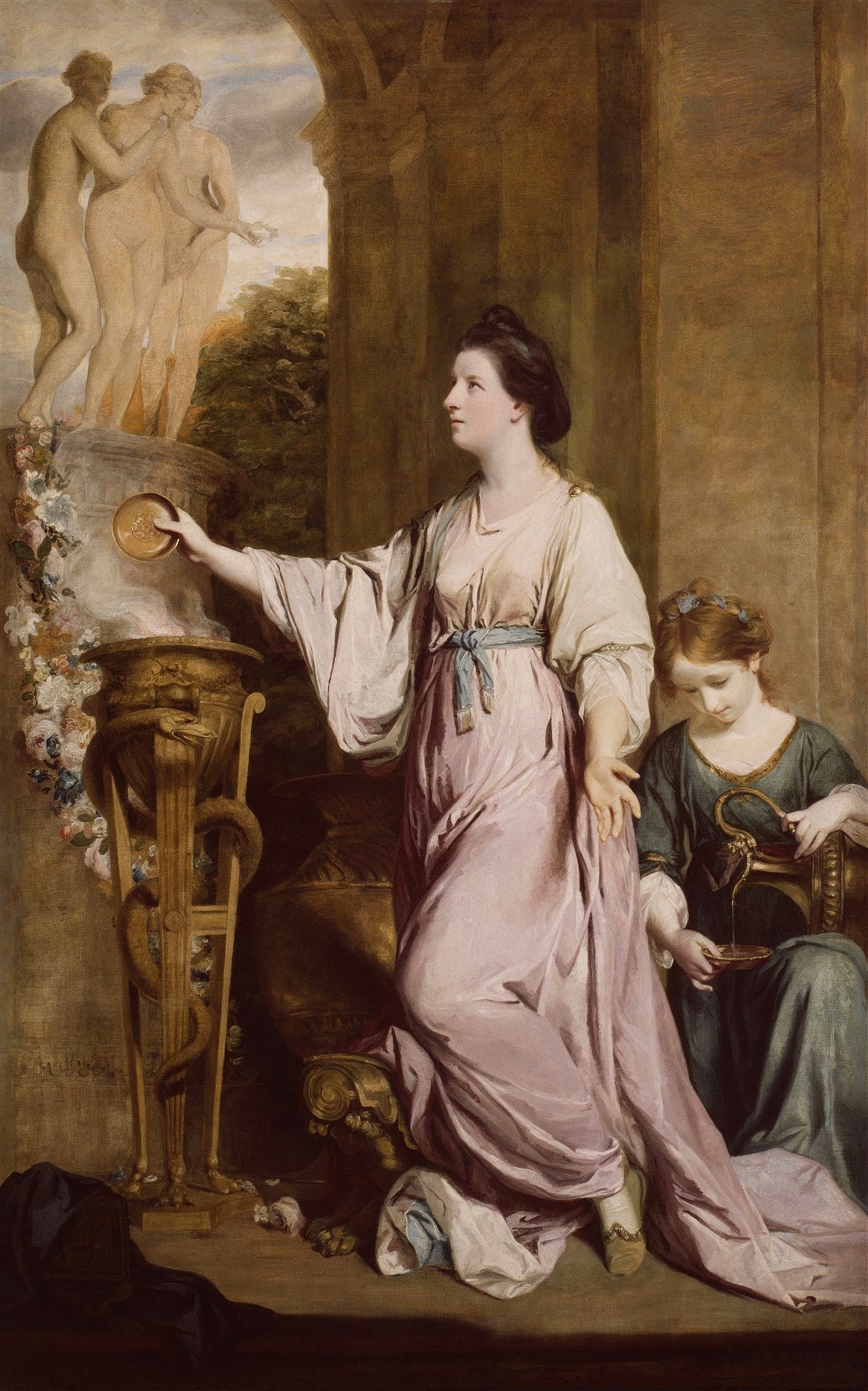 Quadro decorativo mostrando uma mulher em vestes clássicas ofertando a um braseiro, com as Três Graças ao fundo, pintado por Sir Joshua Reynolds.