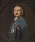 Retrato de um homem com peruca empoada e casaco azul, atribuído a Sir Joshua Reynolds, emoldurado ovalmente.
