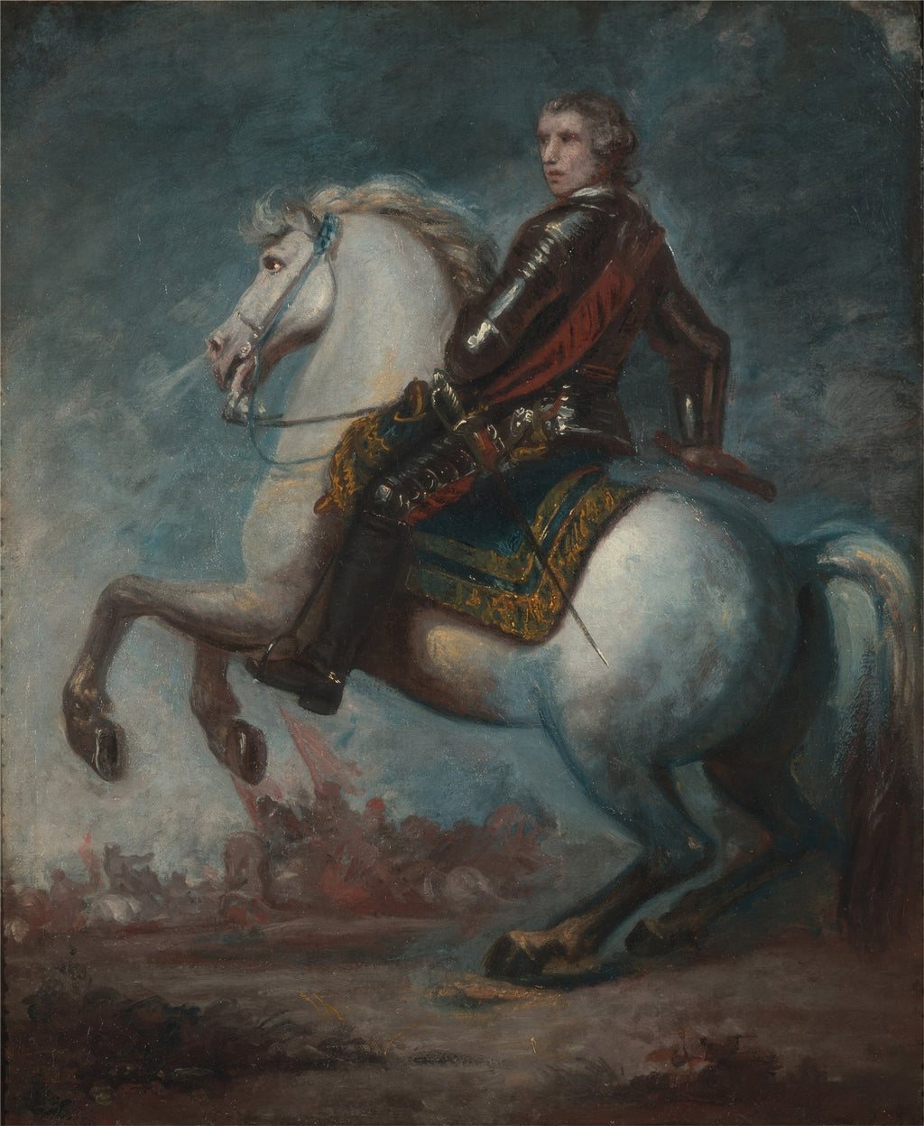 Quadro decorativo mostrando um cavaleiro com armadura escura montado em um cavalo branco empinando, com fundo de batalha, por Sir Joshua Reynolds.