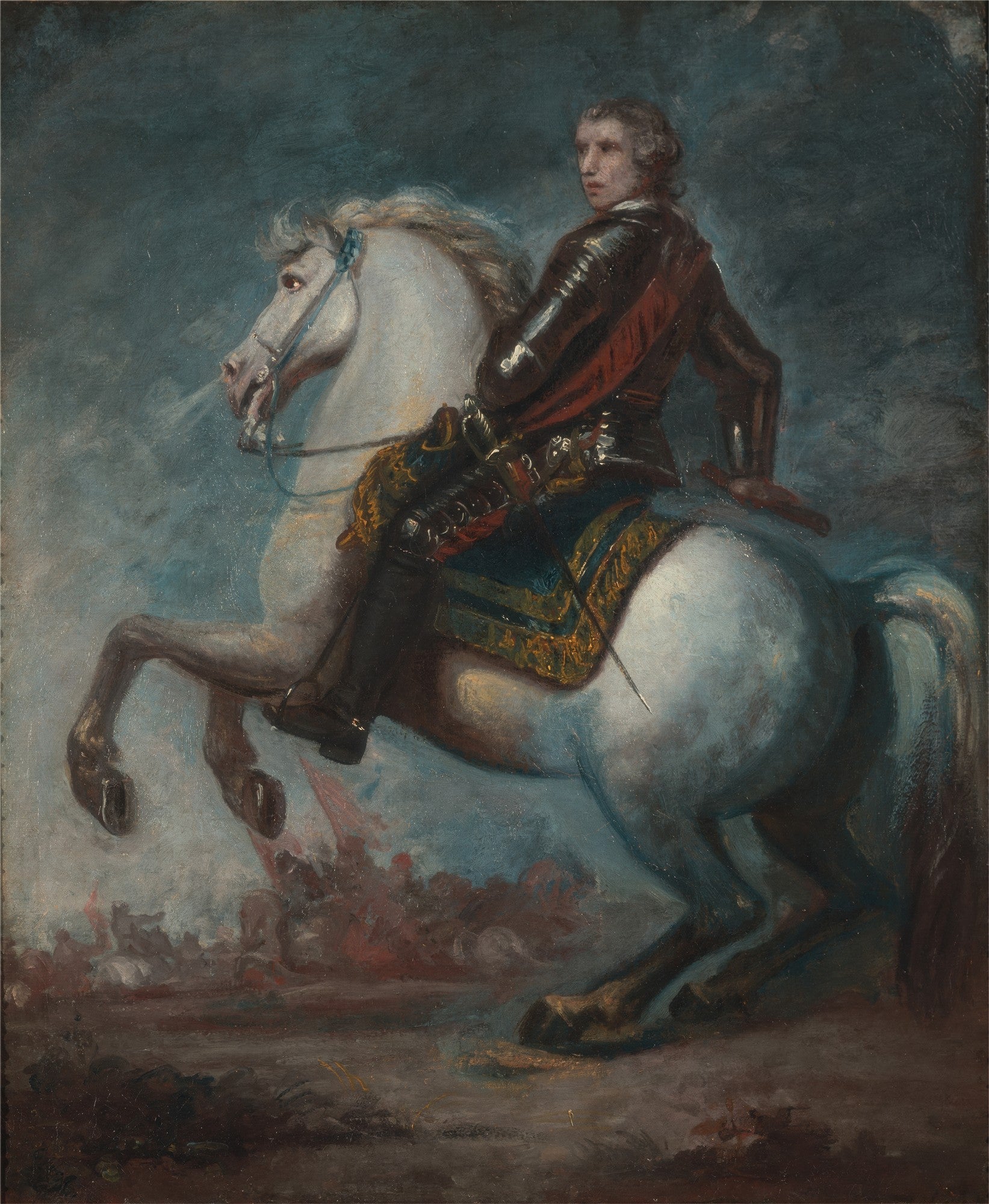 Quadro decorativo mostrando um cavaleiro com armadura escura montado em um cavalo branco empinando, com fundo de batalha, por Sir Joshua Reynolds.
