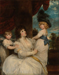 Retrato a óleo de Lady Jane Harrington e seus dois filhos, Viscount Petersham e Hon. Lincoln Stanhope, pintado por Sir Joshua Reynolds. A Condessa está sentada, olhando para cima, vestindo um vestido branco esvoaçante. Um de seus filhos está ao seu lado esquerdo, e o outro à direita, com um chapéu grande. A cena é ao ar livre, com folhagem e céu azul ao fundo.