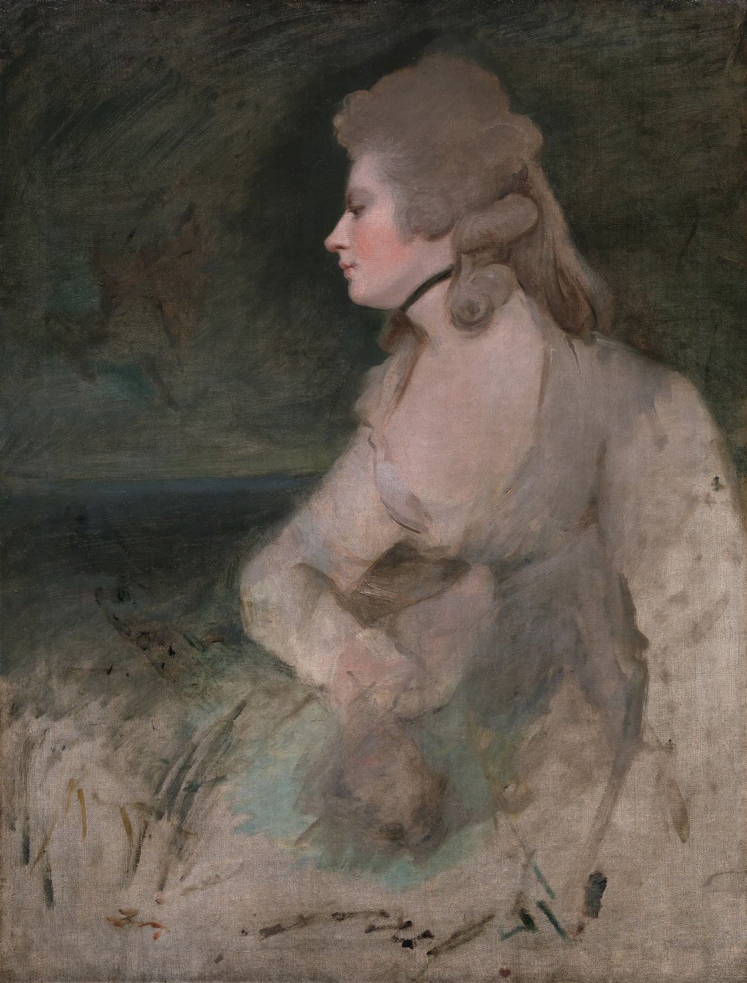Retrato de perfil de uma senhora com cabelo preso e gola alta escura, pintado por Sir Joshua Reynolds, em tons suaves de creme, cinza e verde escuro.