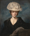 Retrato a óleo de uma mulher elegante com um grande chapéu branco e vestido escuro, atribuído a Sir Joshua Reynolds, sobre um fundo azul escuro.