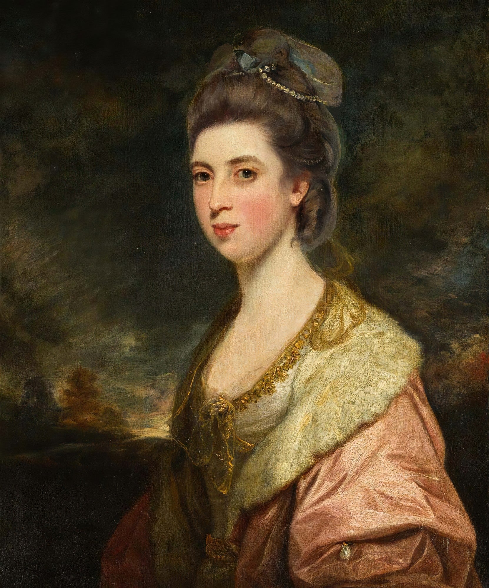 Retrato de uma dama com vestes elegantes em tons de rosa e creme, atribuído a Sir Joshua Reynolds. O fundo é escuro e dramático, com pinceladas que sugerem uma paisagem nebulosa. A mulher tem cabelos castanhos presos, decorados com pérolas, e um olhar direto para o observador. É uma pintura a óleo em estilo clássico.