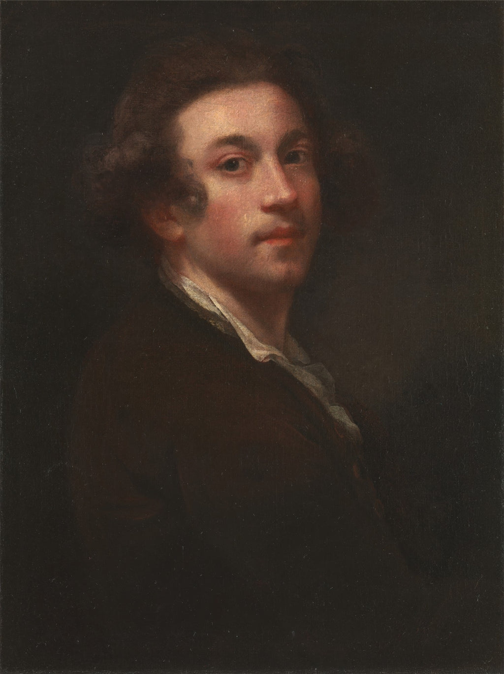Autorretrato de Sir Joshua Reynolds, um jovem com cabelo escuro e ondulado, vestindo um casaco escuro e camisa clara, olhando diretamente para frente com uma expressão serena em um fundo escuro.